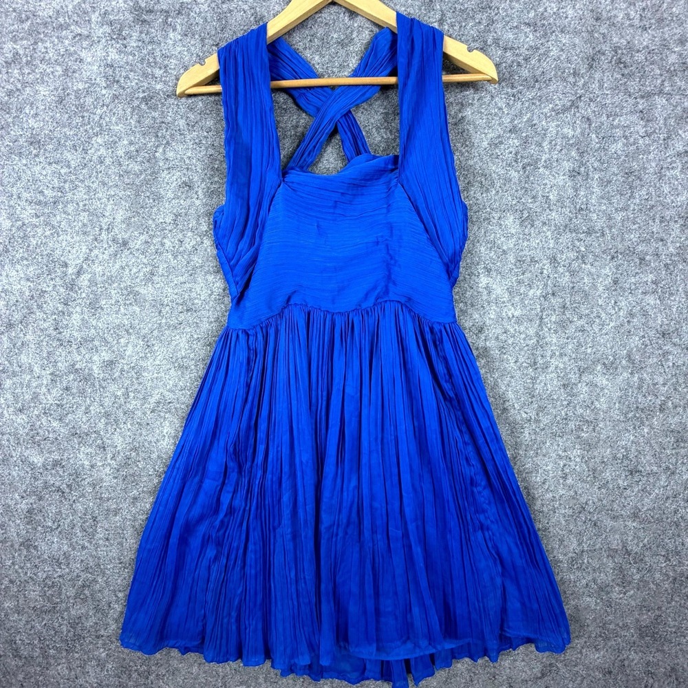 BB Dakota Kiefer Dress Womens 8 Blue Pleated Crinkled Sleeveless Crisscross Back